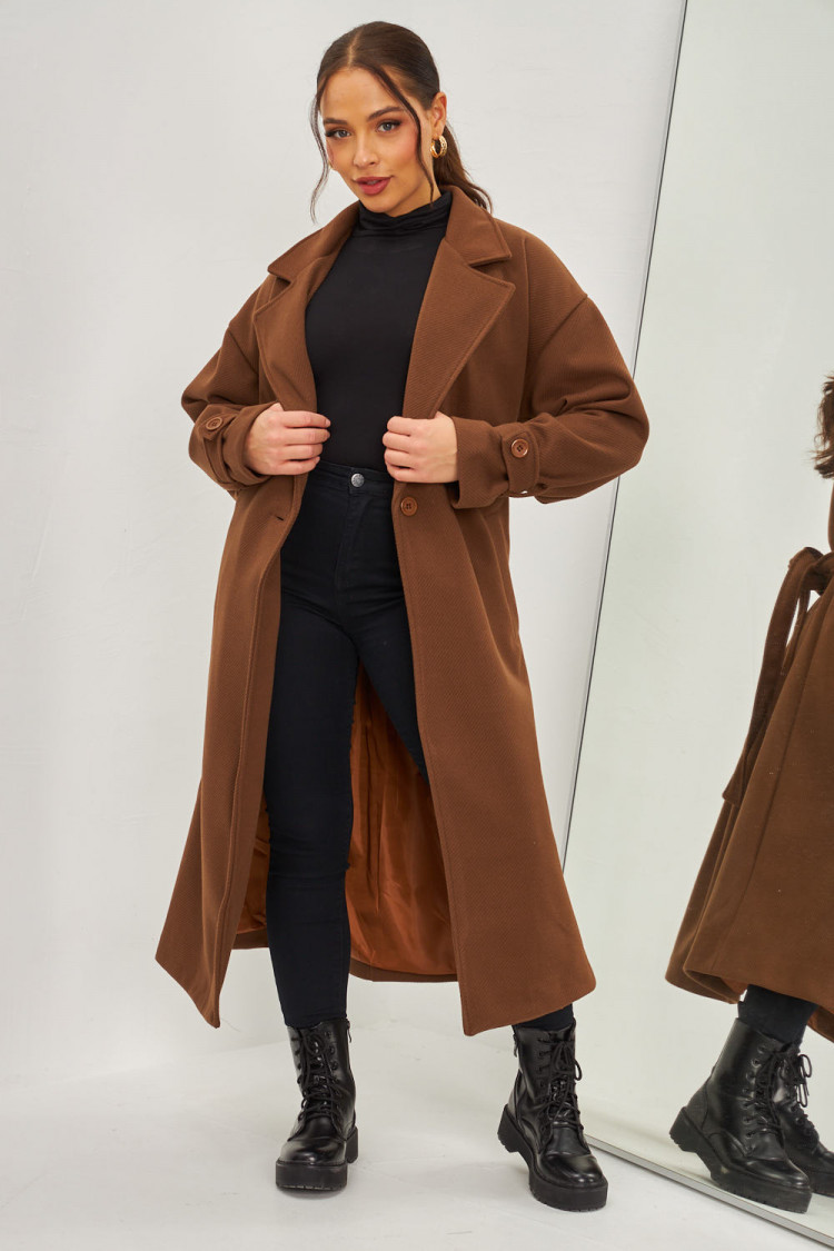Manteau épais long côtelé style trench marron