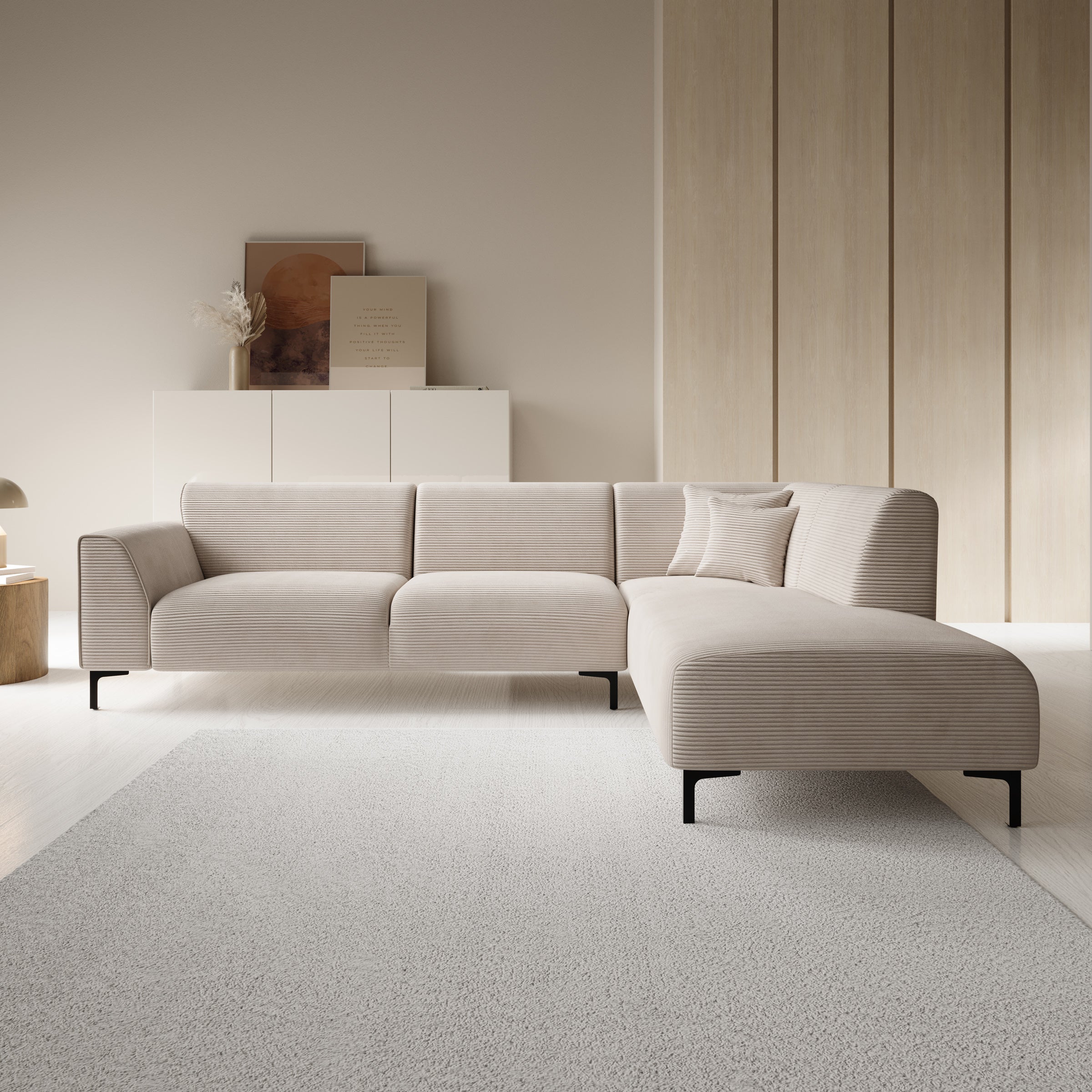 Moana - Hoekbank 4-zits met chaise longue - Ribstof beige - Rechts