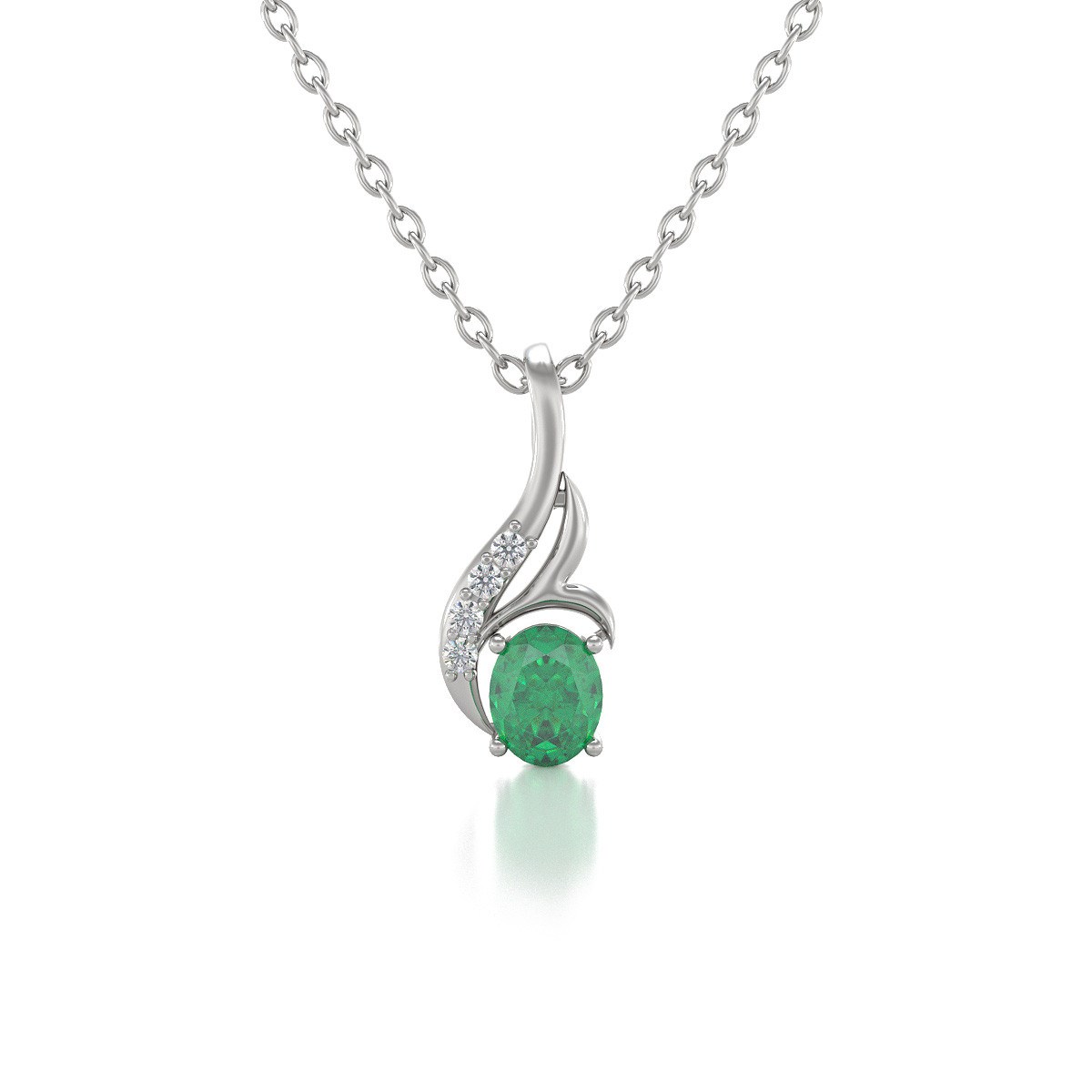 Collier Pendentif ADEN Or 585 Blanc Emeraude et Diamants Chaine Or 585 incluse 0.75grs