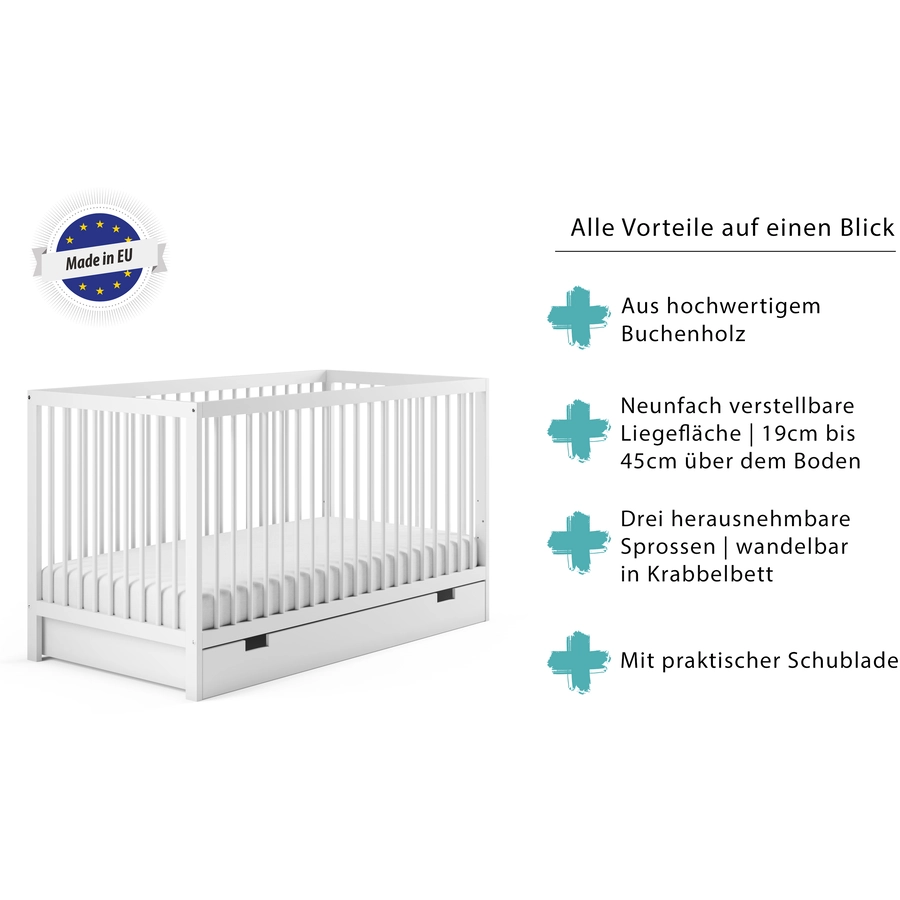 Kids Collective Babybett Gitterbett 60x120 | 70x140 höhenverstellbar & herausnehmbare Sprossen weiß mit Schubl. und Matratze