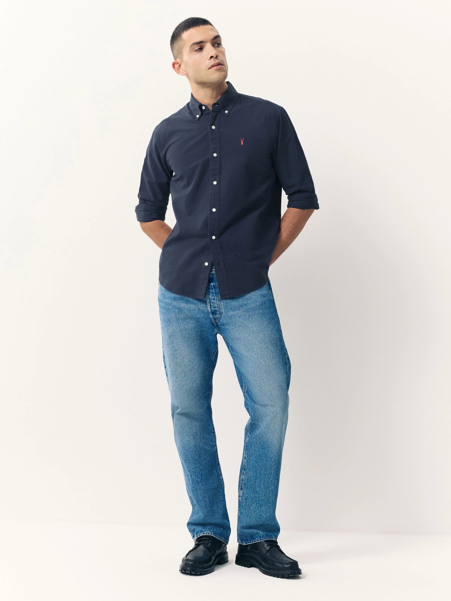 Donkerblauw - Slim Fit - Oxford-hemd met lange mouwen