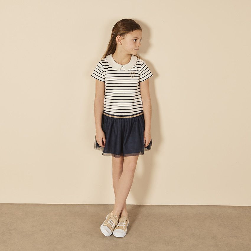 Robe manches courtes bi-matière effet 2 en 1 rayée pour fille - Bleu marine