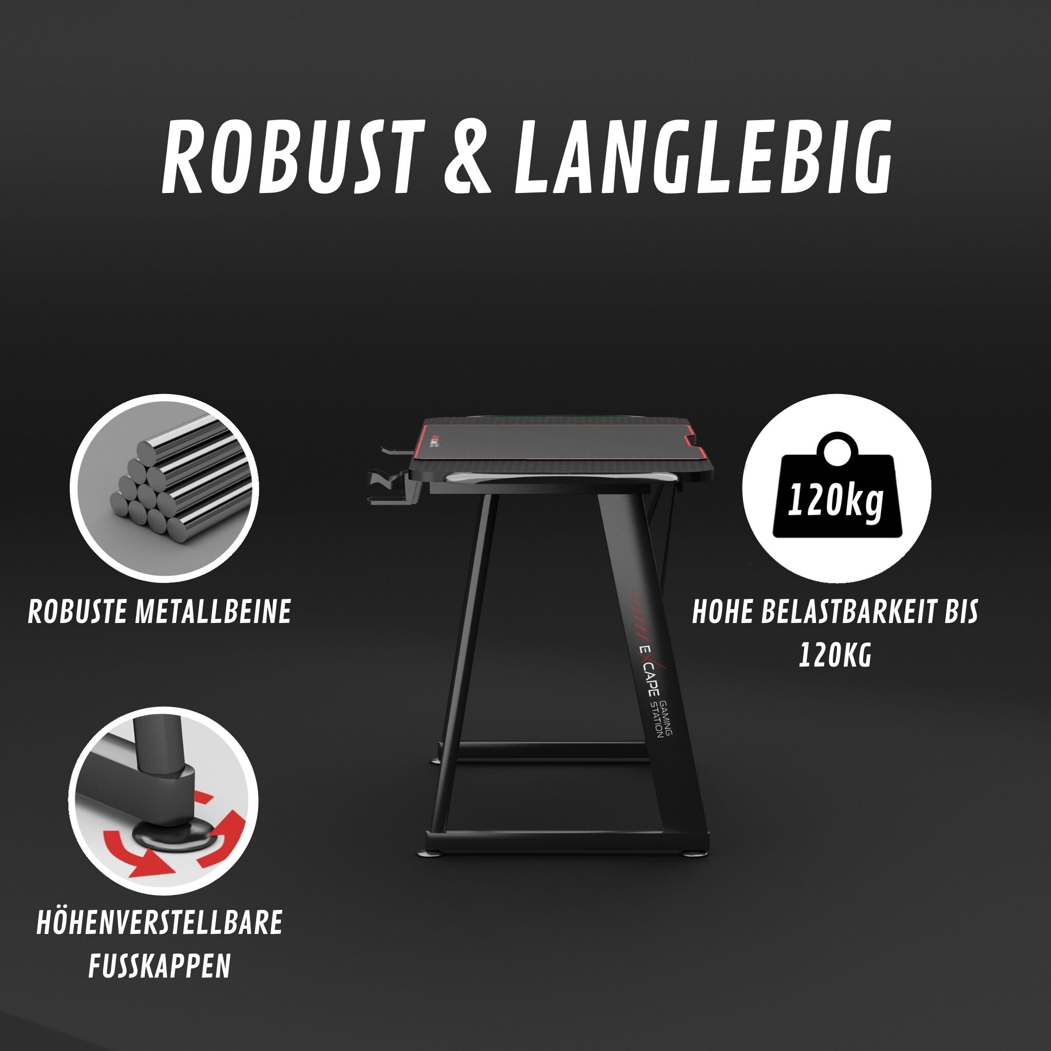 EXCAPE Gaming Tisch A14 mit LED Beleuchtung 140cm (+10cm Extensions) - Beine in A-Form Carbon-Optik, Schreibtisch Gaming-Getränkehalter, Kopfhörerhalte -PC Tisch Gamer Desk, Größe:140cmx60cm