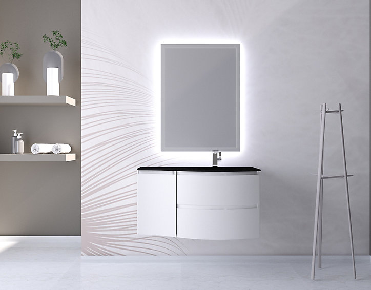 Ensemble Vague L.104 cm meuble sous vasque blanc mat à suspendre + complément gauche + plan vasque verre noir mat