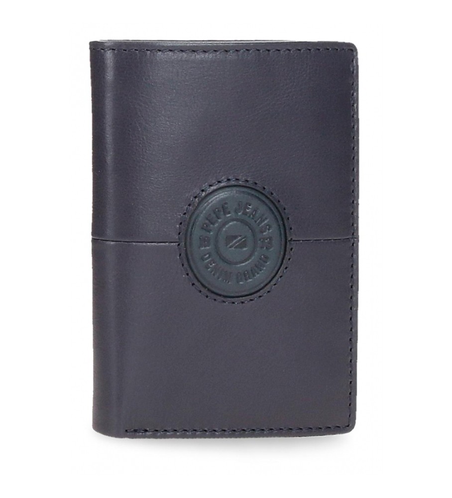 Carteira Pepe Jeans Vertical Cracker em couro com porta-moedas azul marinho