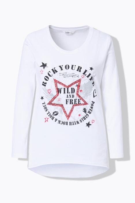 T-Shirt, länger geschnitten, Druck mit Ziersteinchen