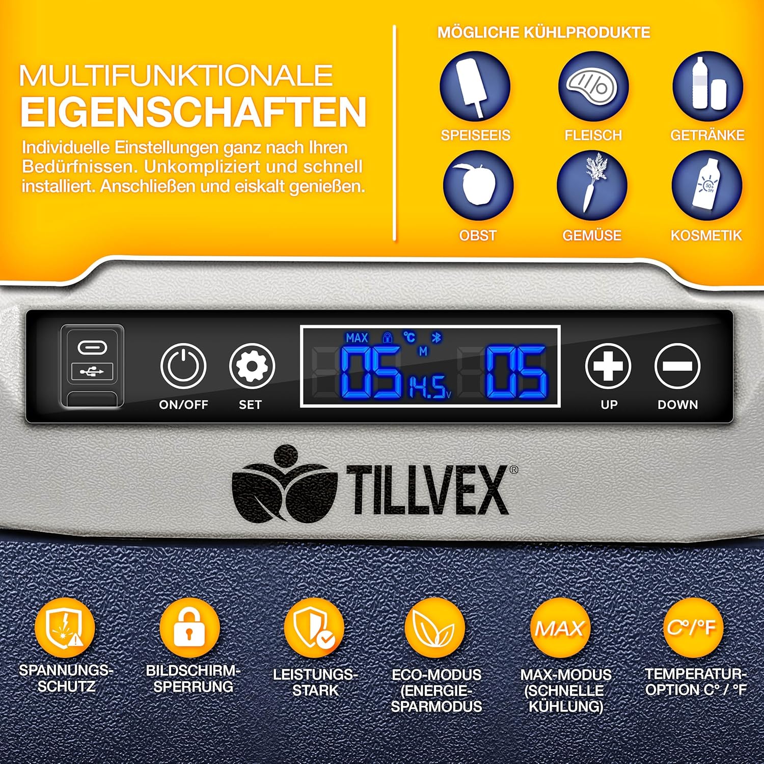 tillvex® Kompressor Kühlbox elektrisch 40-60 Liter | Elektrische Gefrierbox WIFI-APP-Steuerung 12/24 V 230V | Kühlschrank bis -20 °C für Auto, Lkw, Camping (Navyblau, 50 Liter)