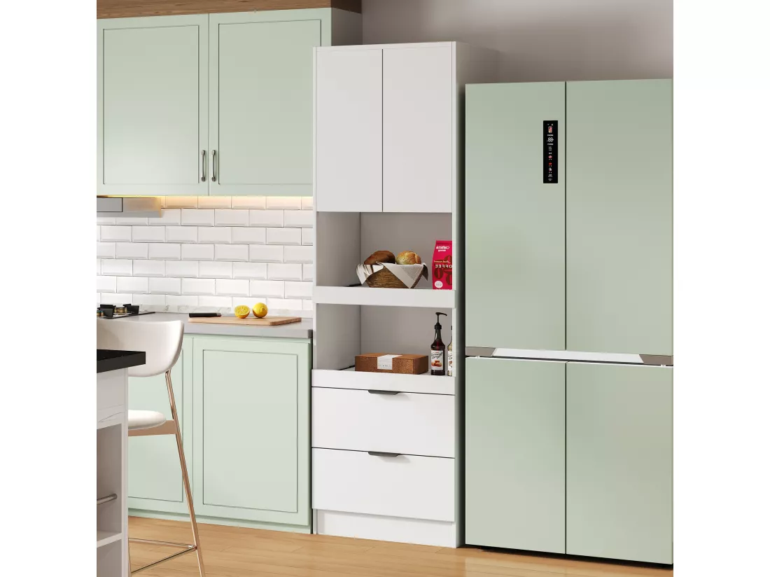Buffet de cuisine avec 2 portes, 2 tiroirs et étagères - 59.5 x 45 x 200 cm - Bois MDF - Blanc