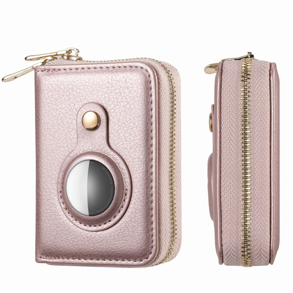 (12.7x11.1x3.6cm) Apple AirTag Wallet Mini Kreditkarten Portemonnaie Leder Etui Geldbörse Litchi Look  (RFID Schutz) - Roségold