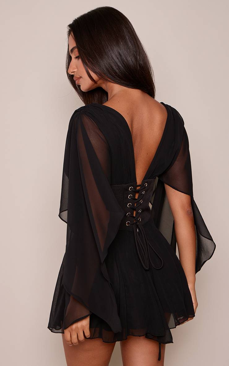 Noir Robe Mini À Taille Corset Avec Manches Drapées En Mousseline Et Godets - Petite