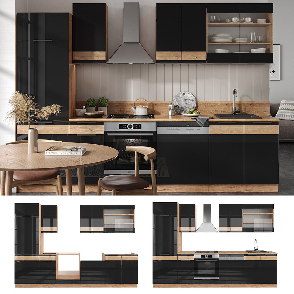 Vicco Küchenzeile Küchenblock Einbauküche Fame-Line Eiche Schwarz 300 cm modern Hochglanz Küchenschränke Küchenmöbel