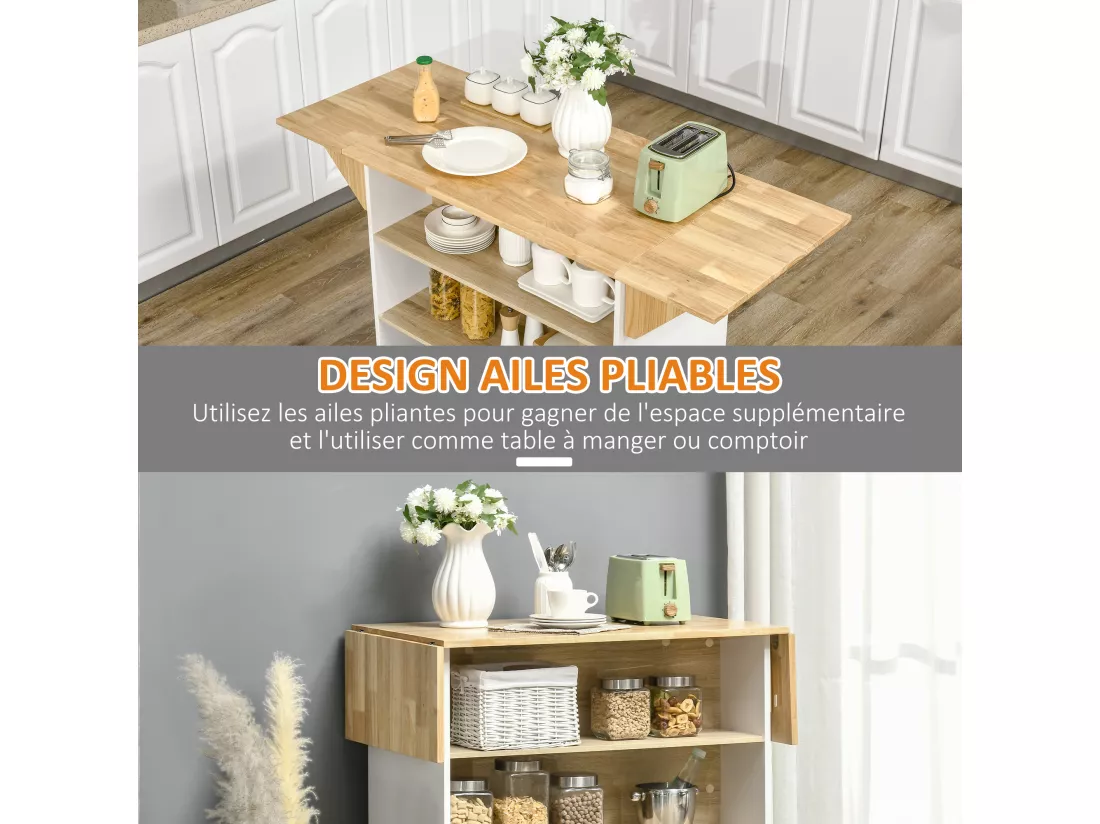 Ilot central de cuisine avec rangements plan de travail rabattable 2 étagères 140L x 55l x 91H cm blanc et aspect chêne clair