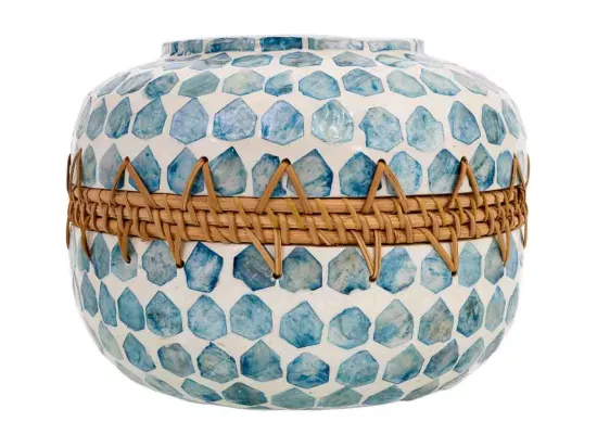Vase en bois, capiz et rotin bleu D25x59h cm