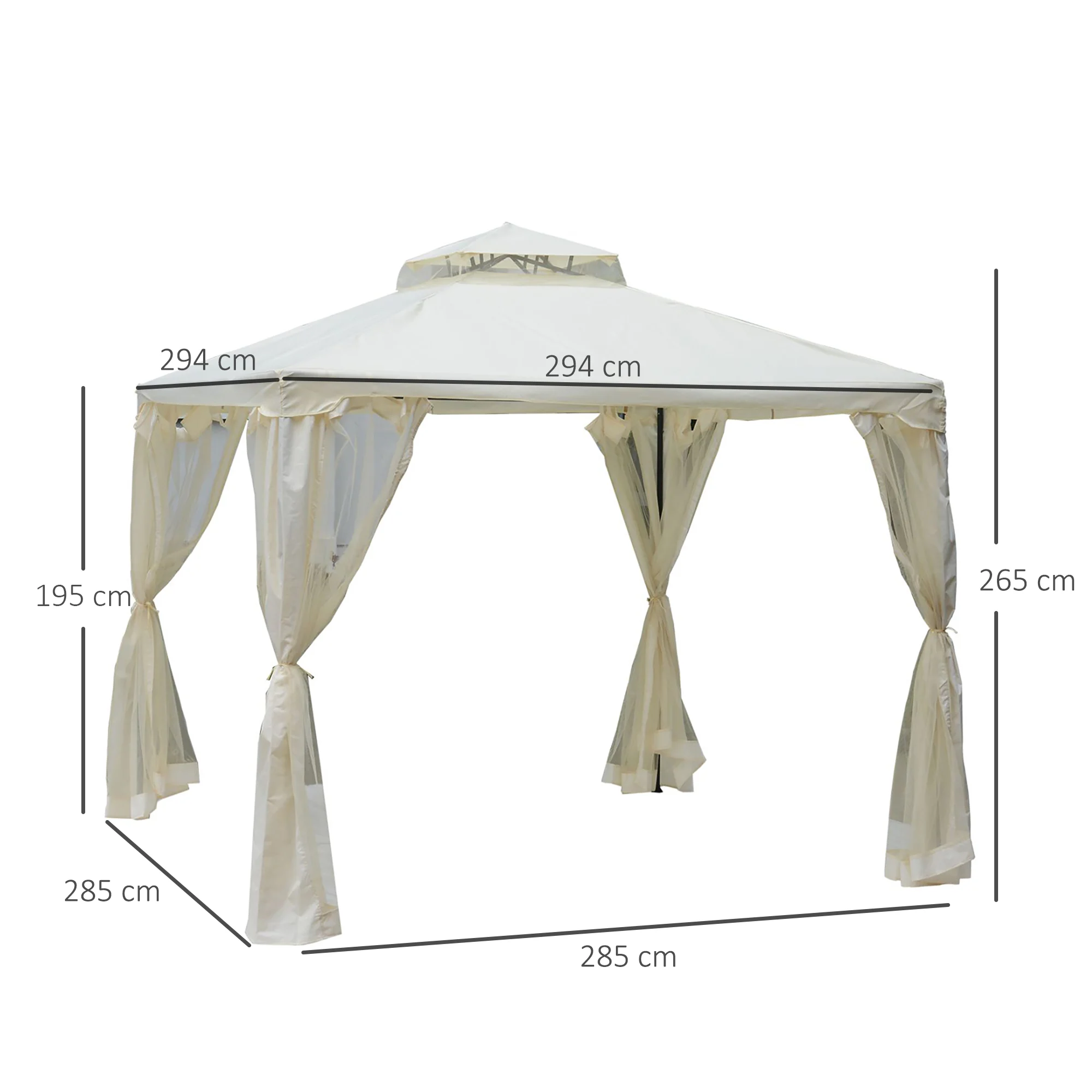 Gazebo de jardim Outsunny 3x3m, pavilhão externo com teto ventilado duplo, cortinas mosquiteiras com zíper em 4 lados, 8 orifícios de drenagem, gazebo para festas e pátio, creme.