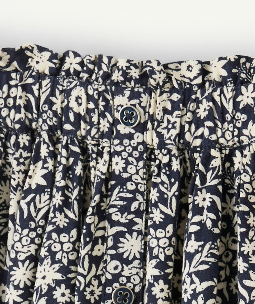 JUPE LONGUE FILLE EN VISCOSE REPONSABLE IMPRIMÉE FLEURIE ÉCRU ET BLEU MARINE