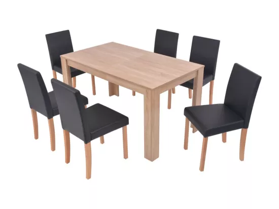 Table et chaises 7 pcs Cuir synthétique Chêne Noir