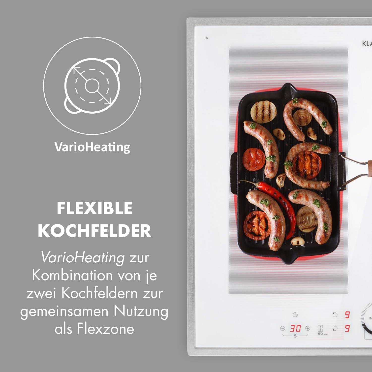 Klarstein Kochfeld, Glaskeramik, 4 Platten, Einbaukochfeld mit Touch-Display, Digitalanzeige und Timer-Funktion, Schnelles Aufheizen, 7000 Watt