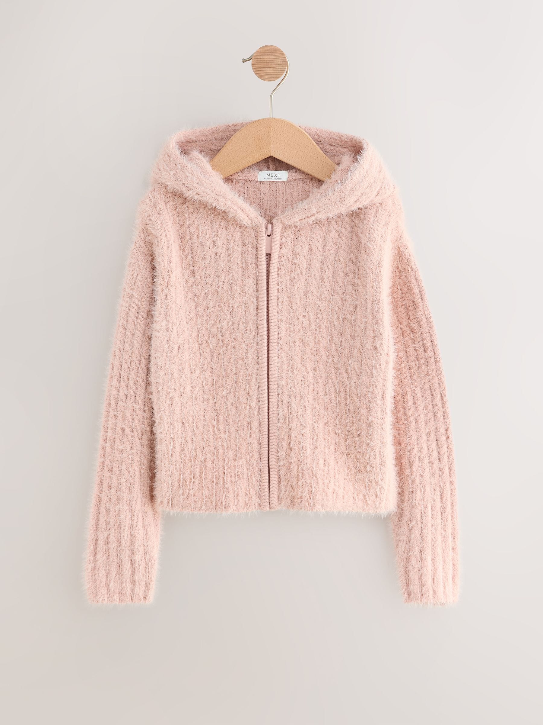 Roze - Donzige doorlopende rits hoodie (3-16jr)
