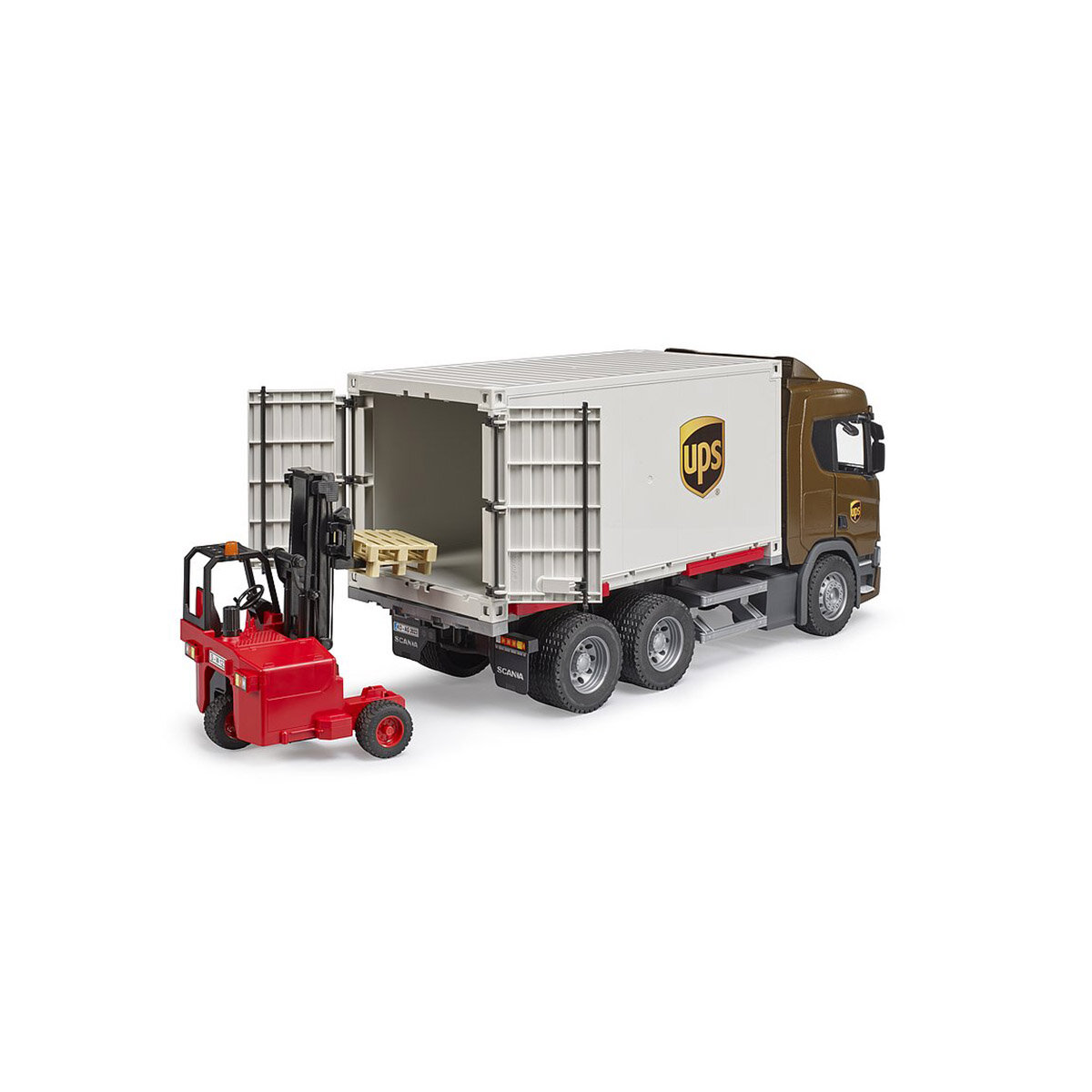 BRUDER Spielwaren GmbH + Co. KG Bruder 03582 Scania Super 560R UPS Logistik LKW mit Mitnahmestapler