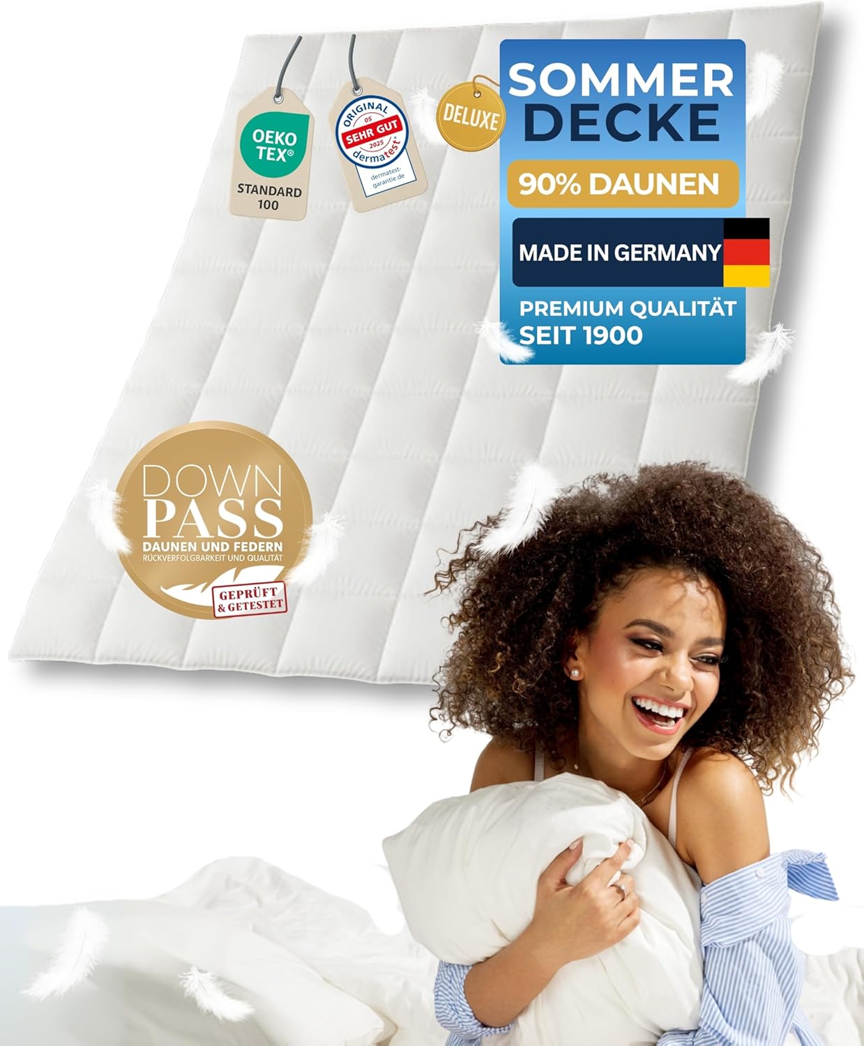 Daunendecke 155x220 Deluxe - Made in Germany | Traumhaft flauschig - 90% Daunen 10% Federn | Bettdecke 155x220 - Allergiker geeignet | Daunenbettdecke | Sommerdecke | Federbettdecke | Oeko-Tex