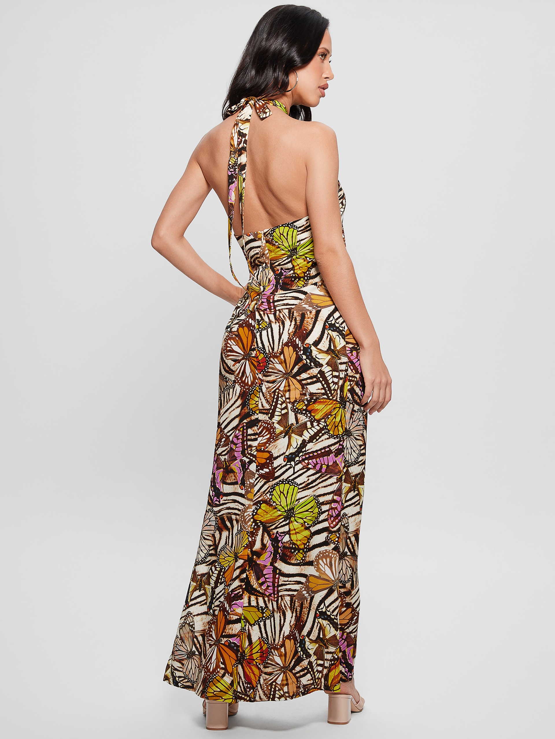 Vestido longo com estampa de anéis