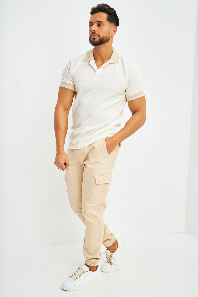 Polo blanc cassé à détails beige