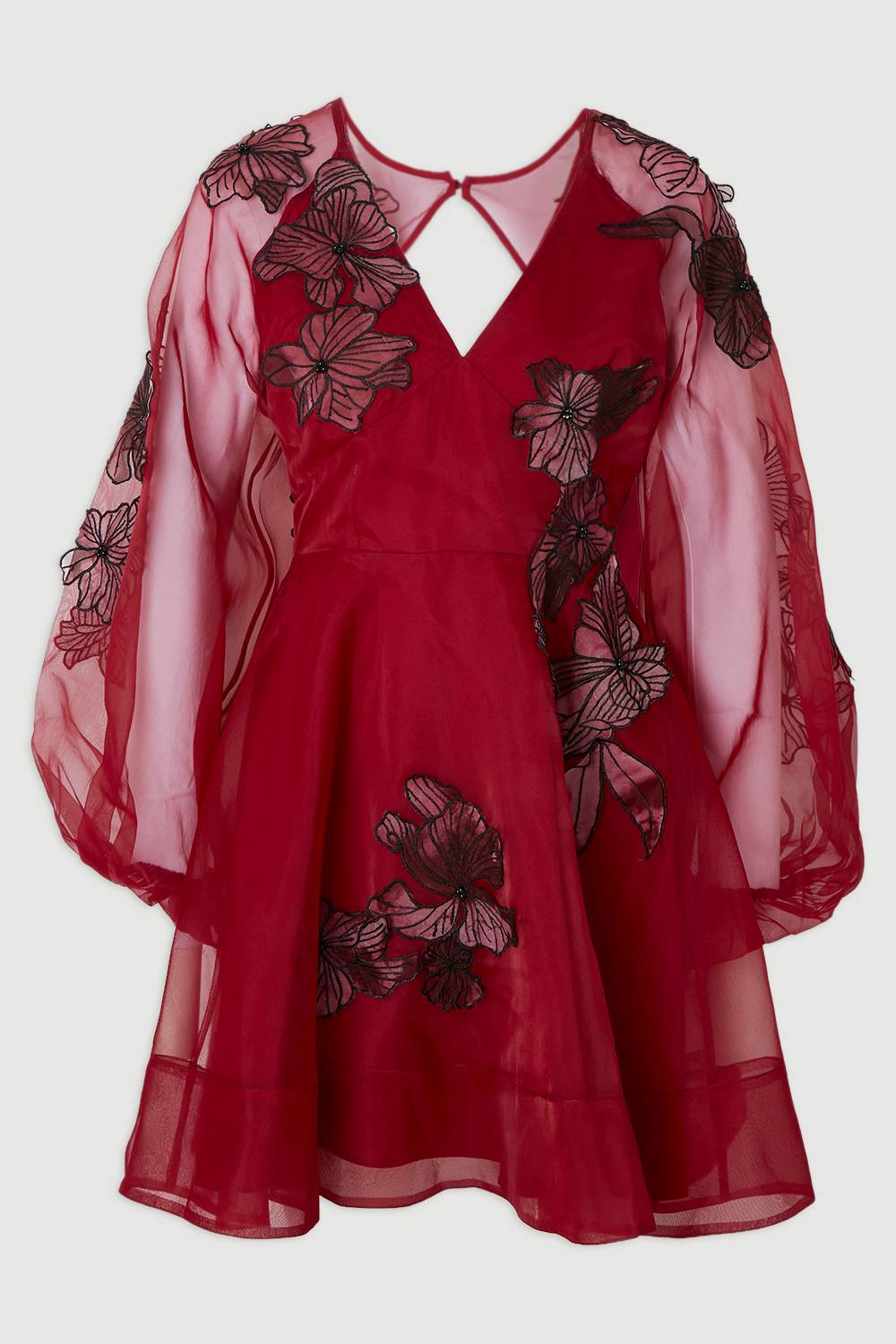 KarenMillen Robe Mini à Manches Ballon en Organdie Tissée avec Appliques Florales