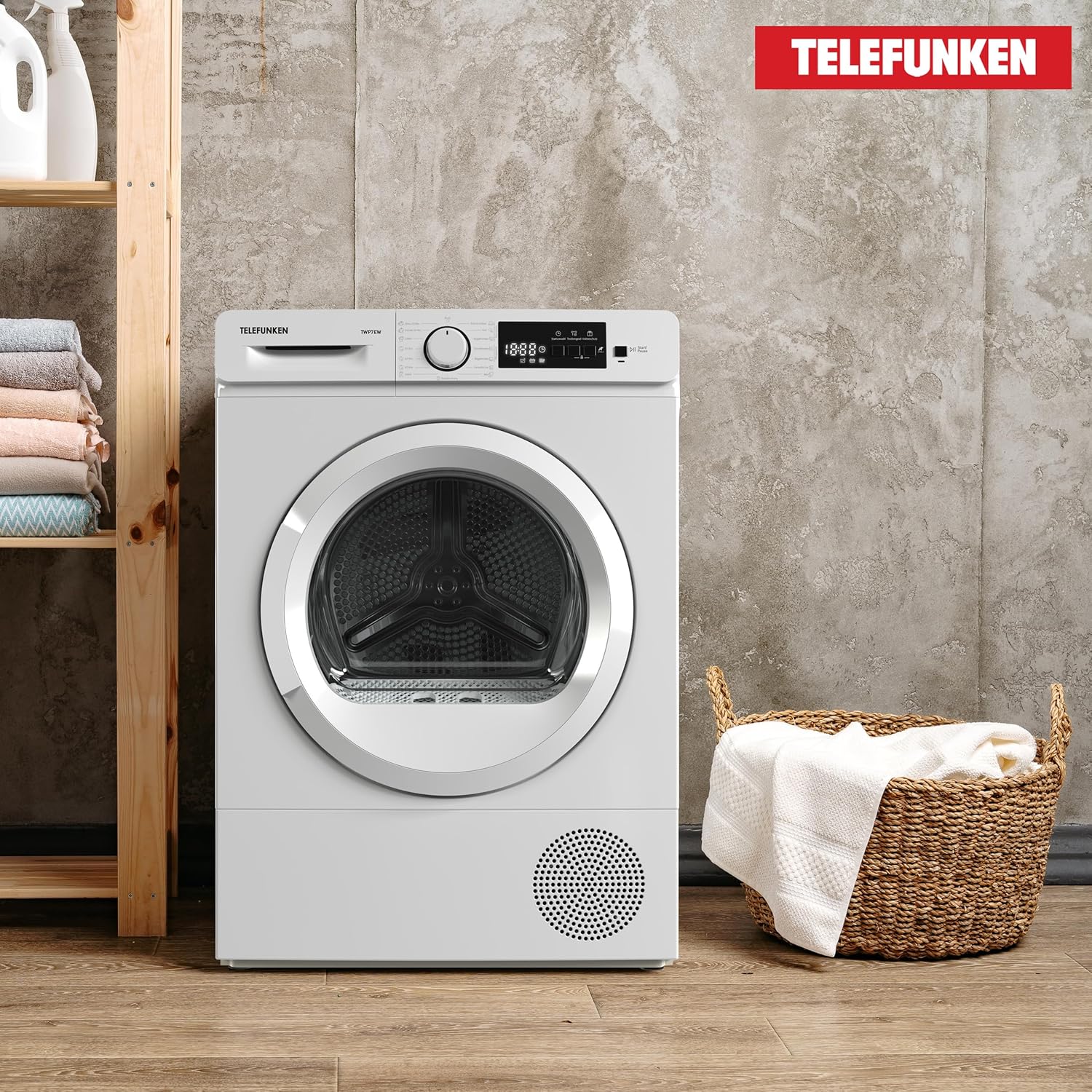 Telefunken Wärmepumpentrockner für 7 kg Wäsche, Trockner Frontlader, Wäschetrockner mit Knitterschutz und Startzeitvorwahl, Energiesparend, leise 64 dB, 15 Programme, Trommelbeleuchtung, TWP7EW