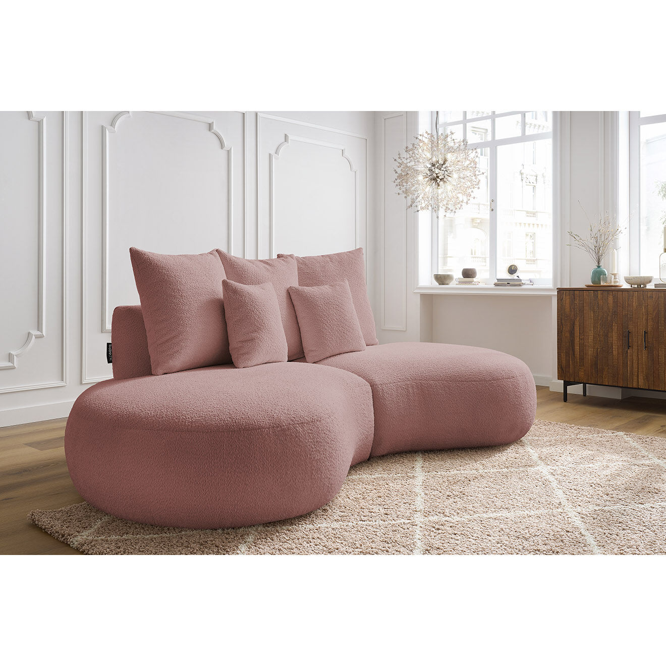 Bobochic Canapé droit fixe 3 places saint-germain tissu bouclette rose - 260x145x92 cm