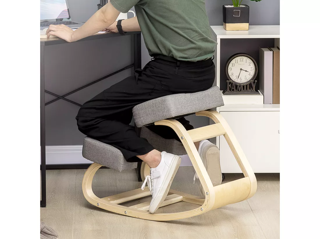 Tabouret ergonomique - siège assis à genoux - chaise à genoux grand confort - bois bouleau polyester gris