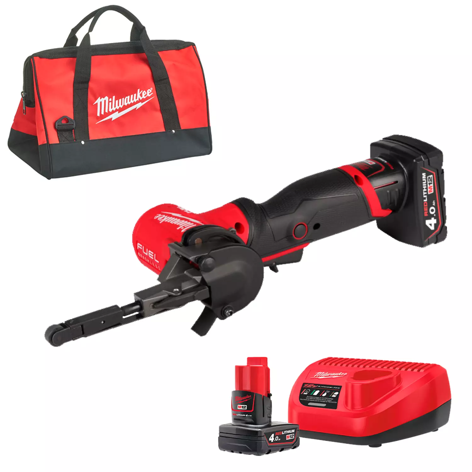 Milwaukee M12 FBFL10-402B FUEL™ bandvijl (2x 4.0 Ah accu) in transporttas - 10 mm