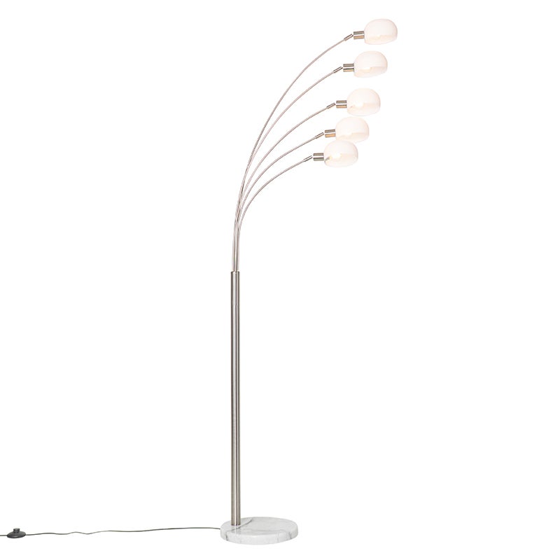 QAZQA - Design vloerlamp | Staande lamp | Lamp | Licht, staal | mat nikkel met opaalglas, 5-lichts - Sixties Marmer | Woonkamer | Slaapkamer - Staal, Langwerpig - LED-compatibel, E14