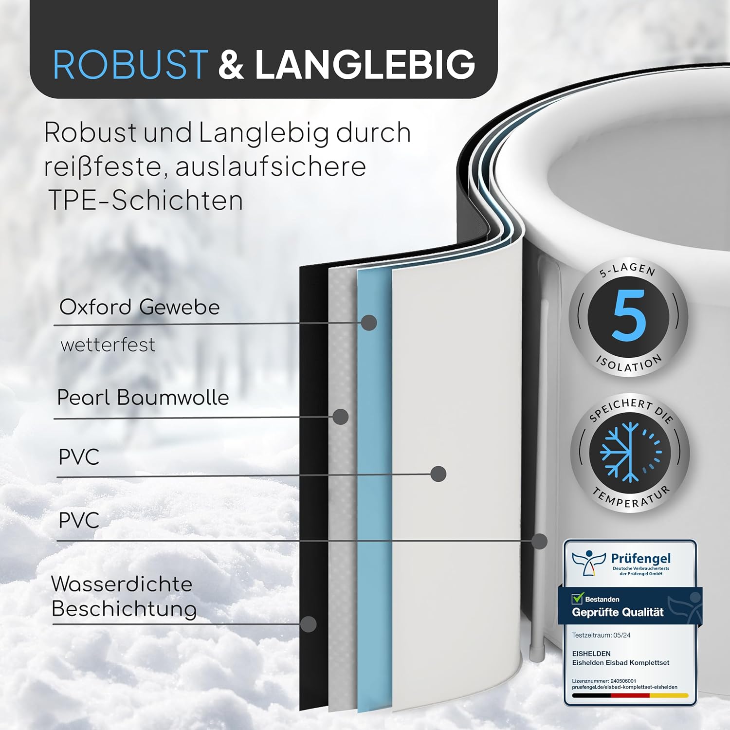 Premium Eisbad (80 cm Ø) XL Komplettset - Kryotherapie für Sportler & Anfänger, erleben Sie die regenerative Kälte zu Hause - Eistonne mit 5 dicken Isolierschichten