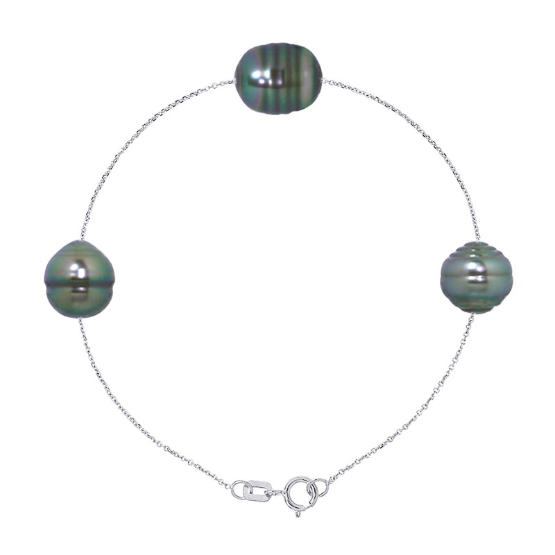Bracelet Chaîne Forçat 3 Perles de Tahiti Cerclées 9-10 mm Argent 925