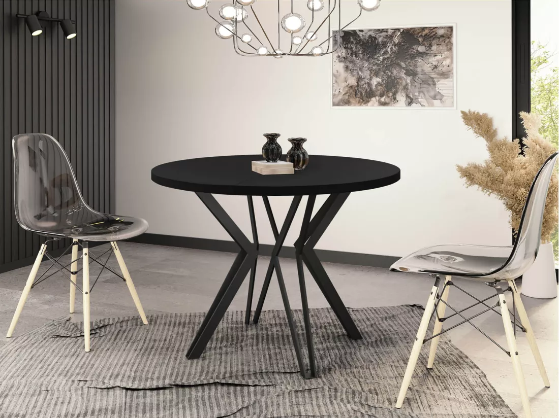 Table Ronde Salle à Manger - 100/176 Cm De Diamètre - Table à Rallonges Avec Pieds En Métal Noir - Style Industriel - Compacte - Noir