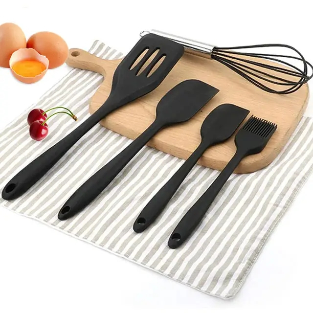(5-tlg. Set) Silikon Küchenhelfer Utensilien Kochgeschirr Starter Kit Zubehör zum Kochen - Pink