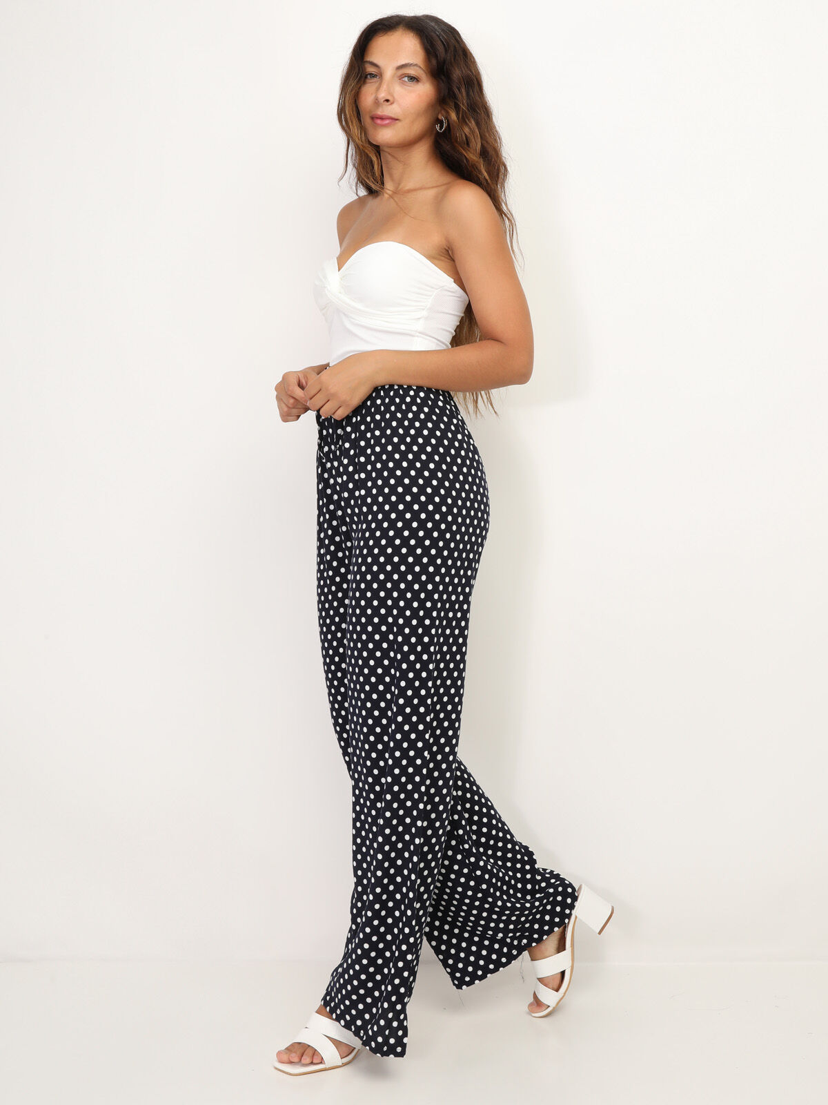 Pantalon ample à pois et liens- Bleu marine