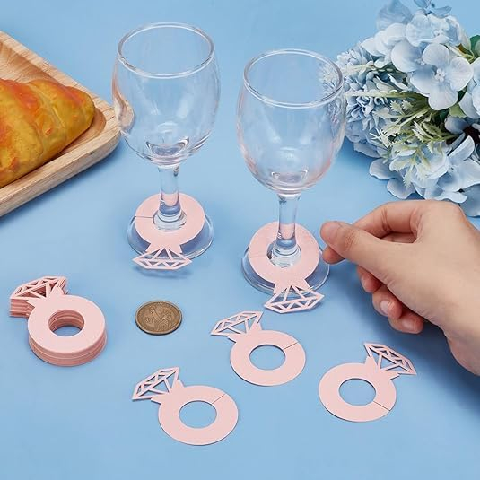 (50er Set) Ø42x60mm Papier Glas Deko Hochzeits Tischkarten Diamant Ring Namenskarten - Rosa