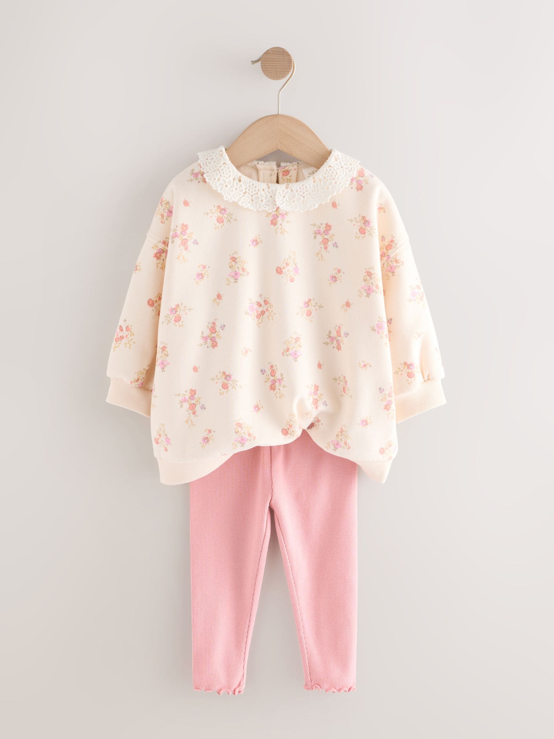 Lichtroze met fijne bloemenprint - Set van sweatshirt met kraag en legging (3mnd-7jr)