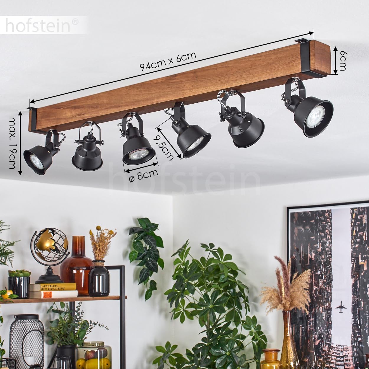 Deckenleuchte Safari, moderne Deckenlampe aus Metall/Holz in Schwarz/Dunkelbraun, Deckenleuchte im Industrial Design mit verstellbaren Schirmen, 6-flammig, 6 x GU10 ohne Leuchtmittel