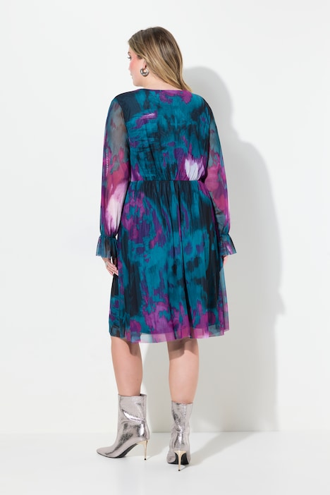 Kleid, A-Linie, Mesh mit Alloverdruck, Langarm