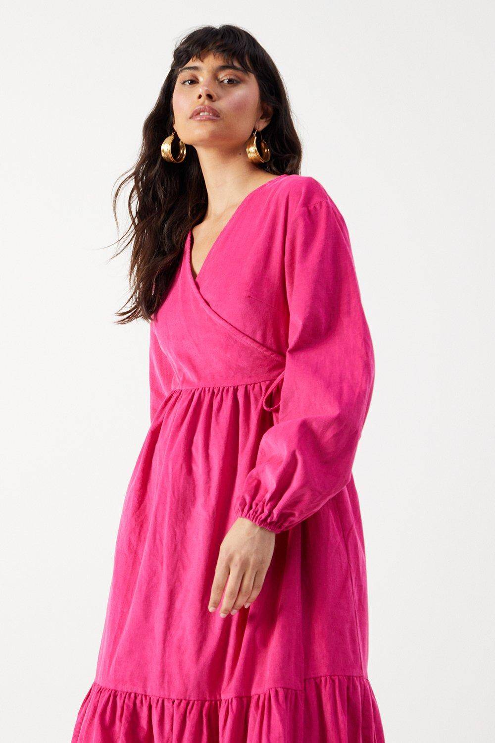 Warehouse Robe Midi Portefeuille en Velours Côtelé Baby