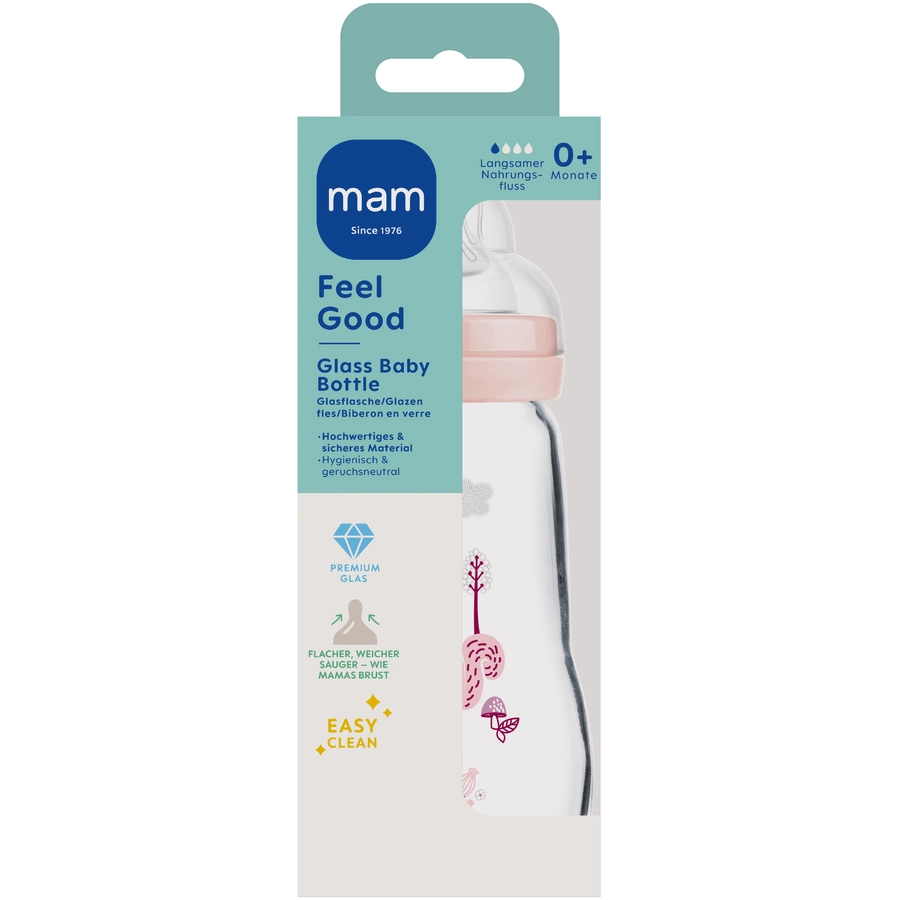 MAM Glasflasche Feel Good 260 ml ab 0 Monaten VogelEichhörnchen rosa