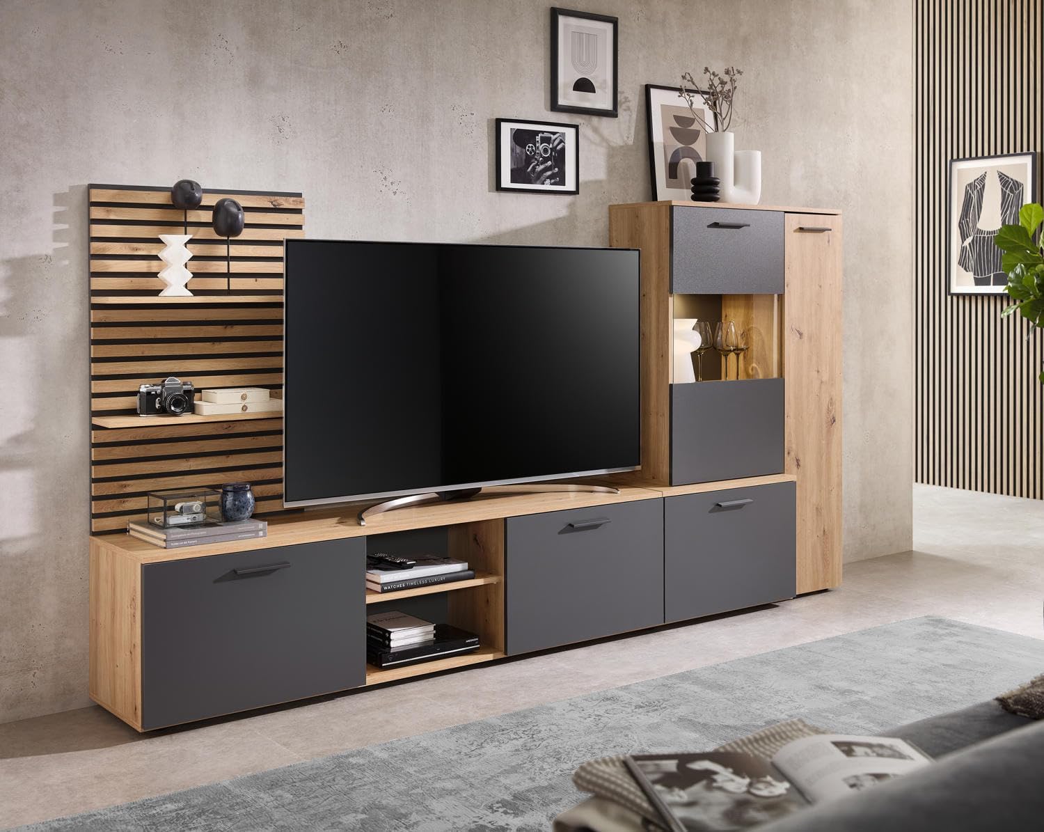 moebel-dich-auf Wohnwand Anbauwand Wohnzimmer-Set Ancona in Artisan Eiche Nb. / anthrazit, Wandboard + Lowboard + Vitrine (BxHxT) 250x135x38 cm