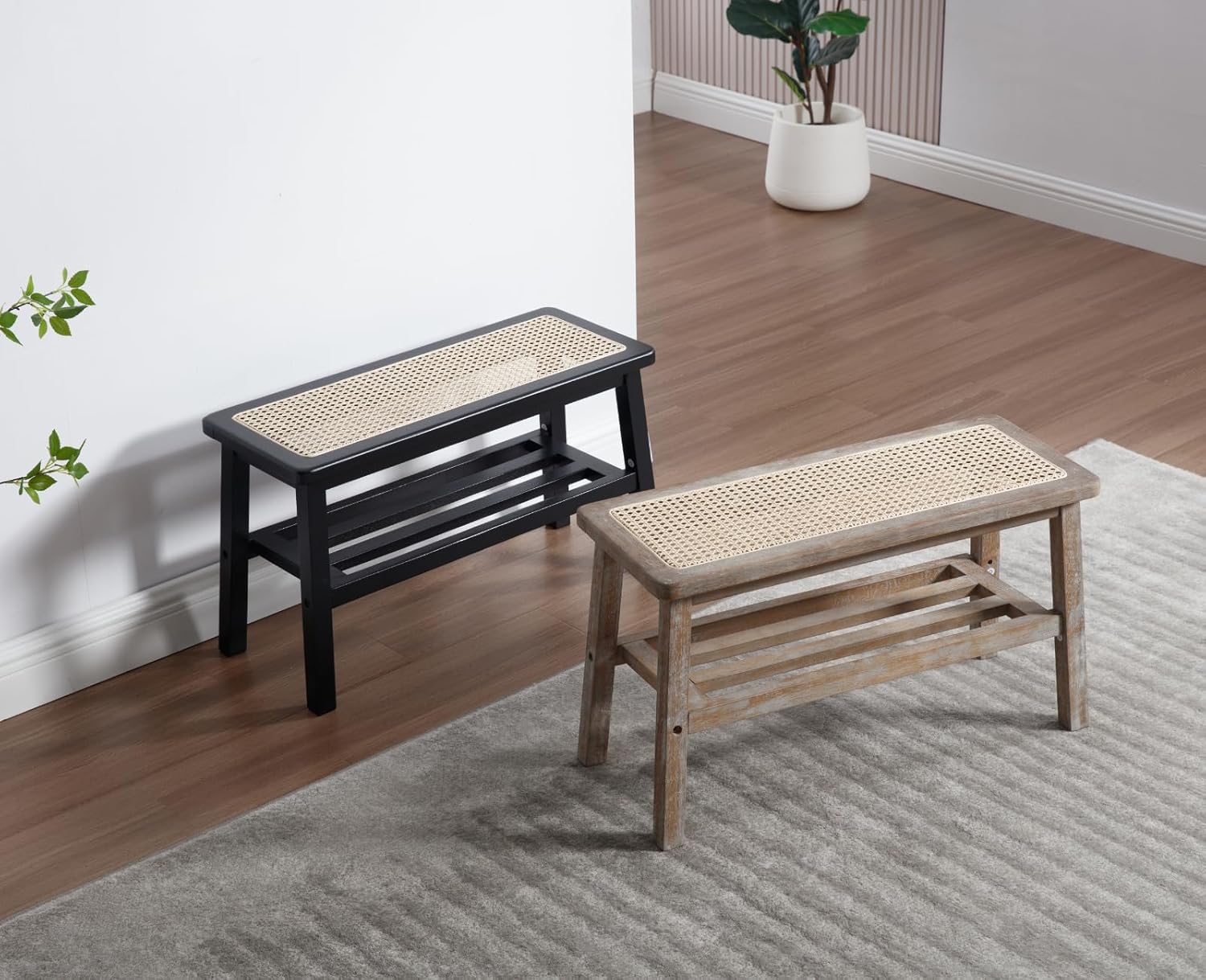 chairus Holz Küchenbank Sitzbank aus Rattan Schuhbank Sitztruhe für Flur Schuhregal für Wohnzimmer Eingangsbereich Bettbank Schlafzimmer (Beige)