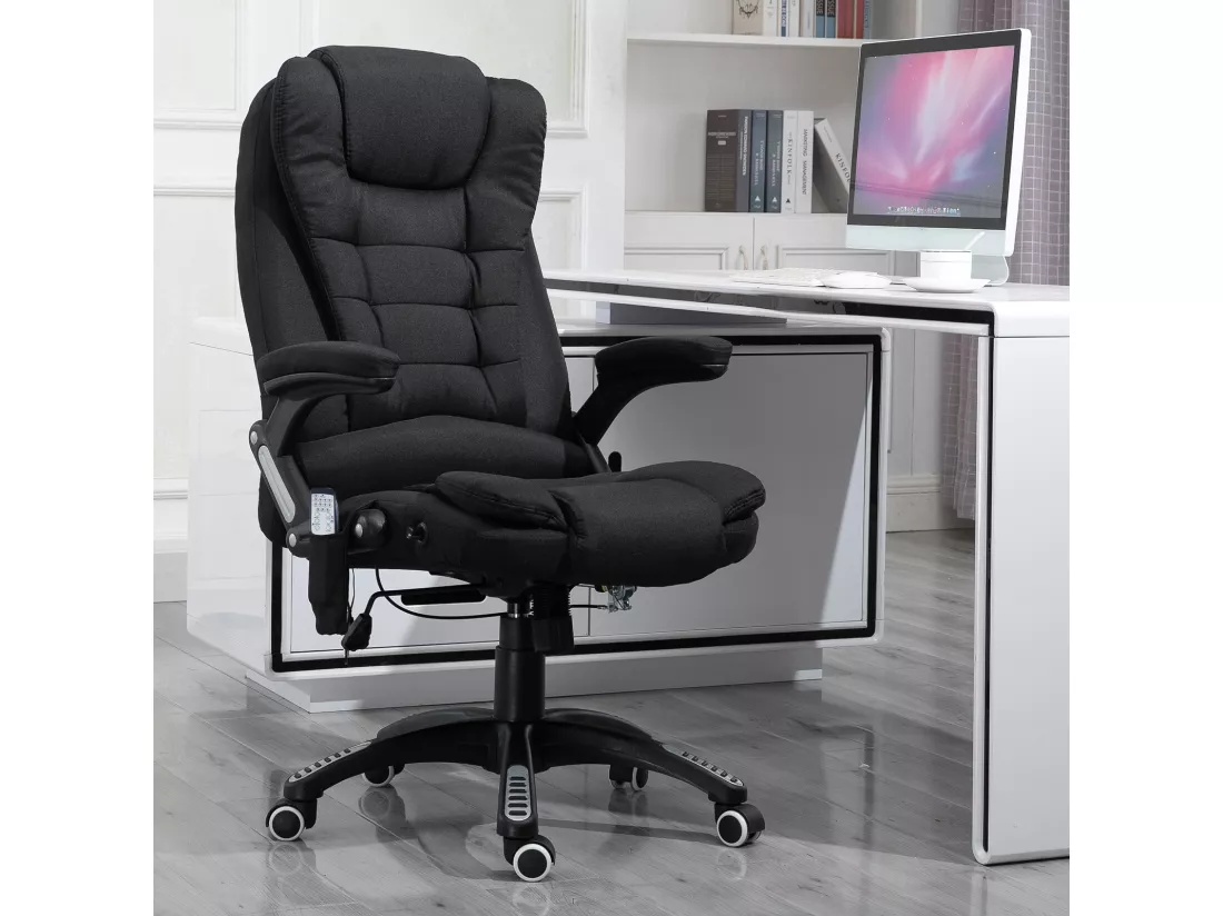 Fauteuil de bureau direction massant chauffant hauteur réglable dossier inclinable toile de lin noir