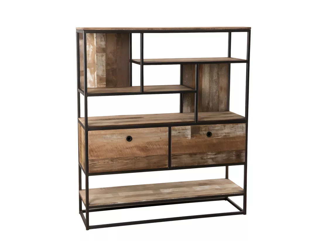 ALIDA - Étagère marron 2 tiroirs et 7 niches Teck recyclé Acacia Mahogany recyclé et métal noir
