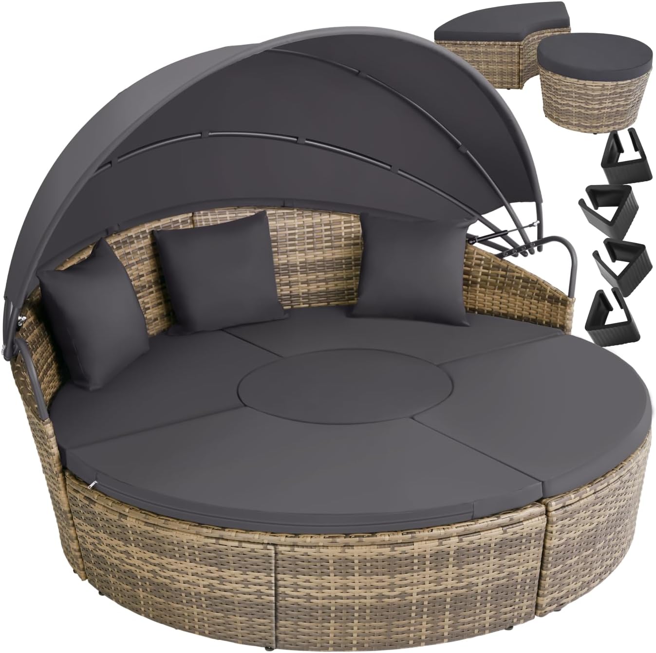 tectake Bain de soleil Salon de jardin exterieur Modulable en Résine tressée avec Pare Soleil Pliable, Coussins Inclus, Chaise longue Relax Mobilier de Jardin pour Amenagement Balcon Terrasse Veranda