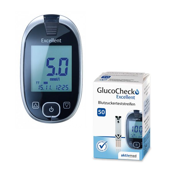 GlucoCheck Excellent Mess-Set (mmol/L) zur Blutzuckerkontrolle mit 60 Streifen
