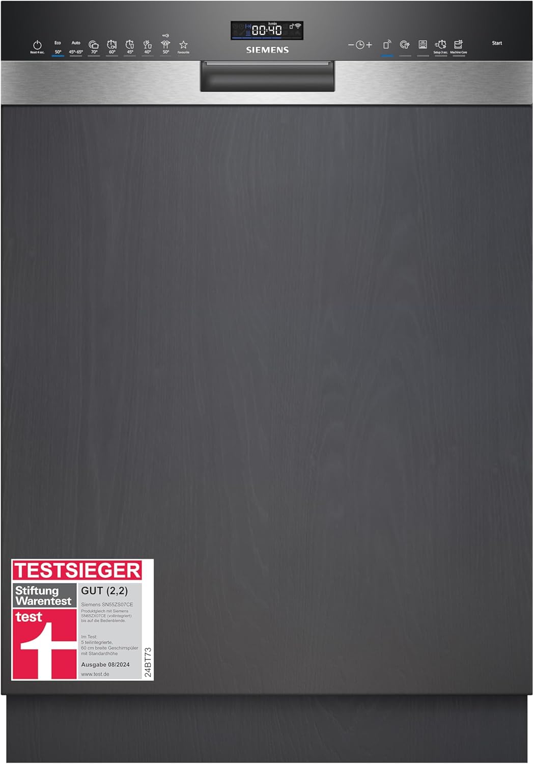 Siemens SN55ZS07CE, iQ500 Smarter Geschirrspüler Teilintegriert, 60 cm breit, Made in Germany, Edelstahl, Besteckschublade, Leise, varioScharnier, Zeolith, aquaStop, varioSpeed, Innenbeleuchtung